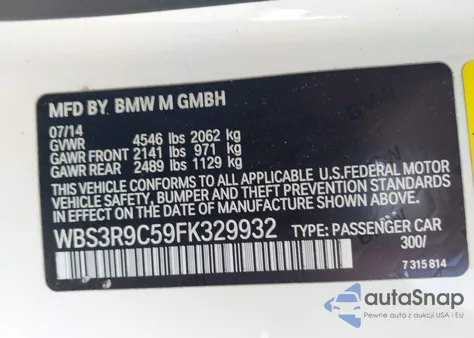 2015 BMW M4 из США, поврежденный, VIN WBS3R9C59FK329932